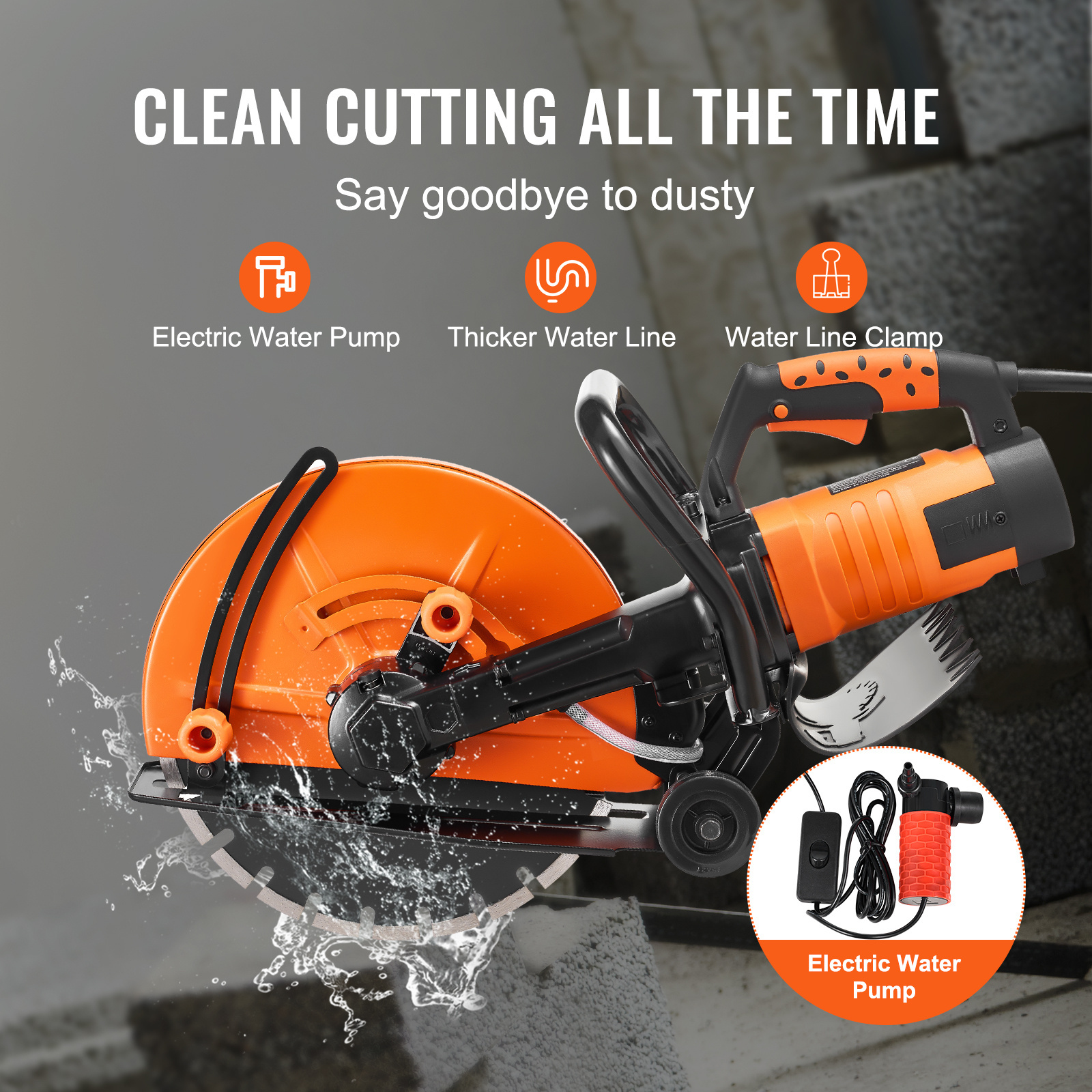 VEVOR Electric Concrete Saw, 14 in Circular Saw Cutter with 5 in Cutting Depth, Wet/Dry Disk Saw Cutter Includes Water Line, Pump and Blade, for Stone, Brick, Porcelain, Concrete,3200W/15A Motor - Image 2