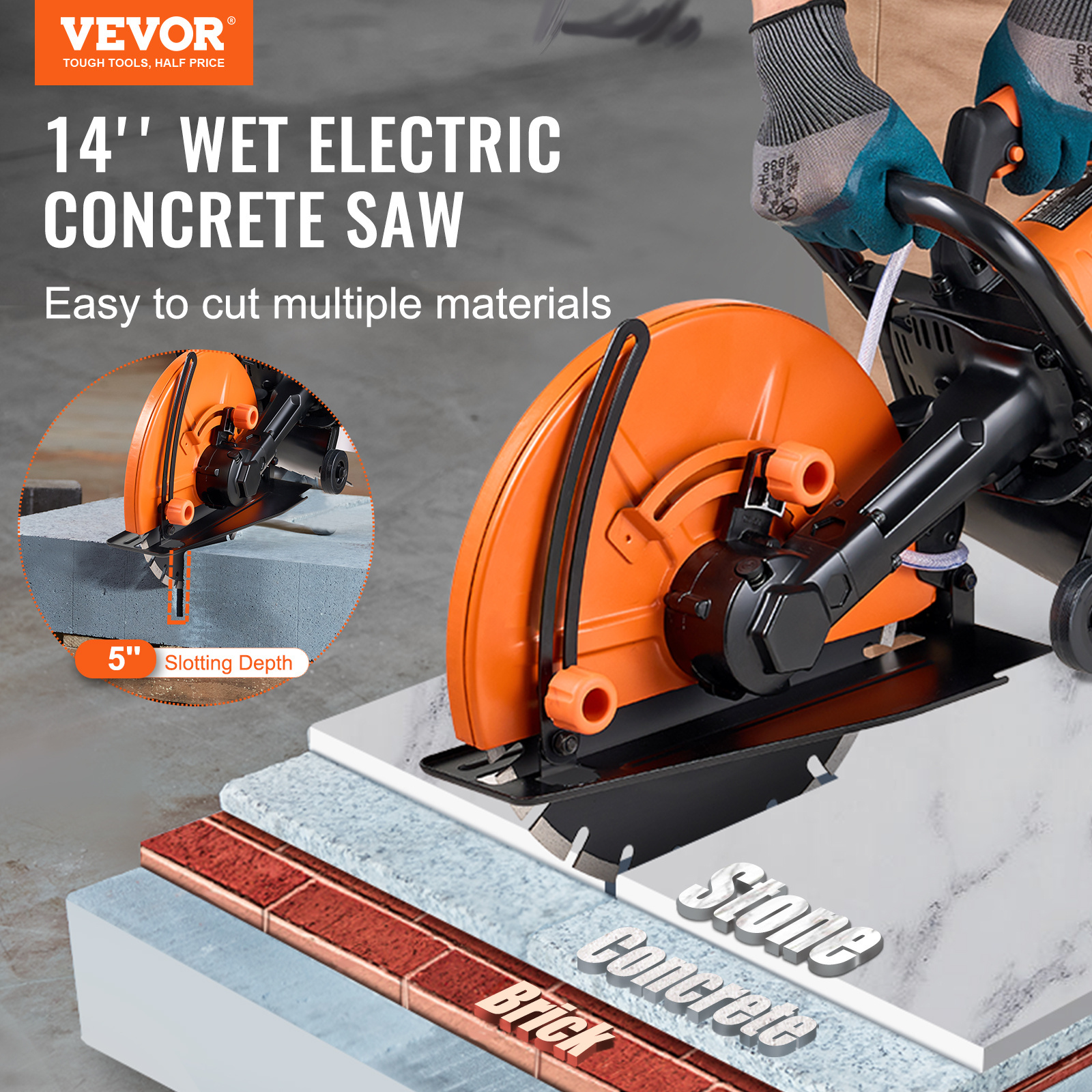 VEVOR Electric Concrete Saw, 14 in Circular Saw Cutter with 5 in Cutting Depth, Wet/Dry Disk Saw Cutter Includes Water Line, Pump and Blade, for Stone, Brick, Porcelain, Concrete,3200W/15A Motor - Image 6