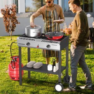 2 Burner Outdoor Propane Gas Stove with Auto-ignition, Regulator & Shelf, 150, 000 BTU Powerful Stand Cooker for Backyard Patio Cooking Home Brewing Canning Turkey Frying