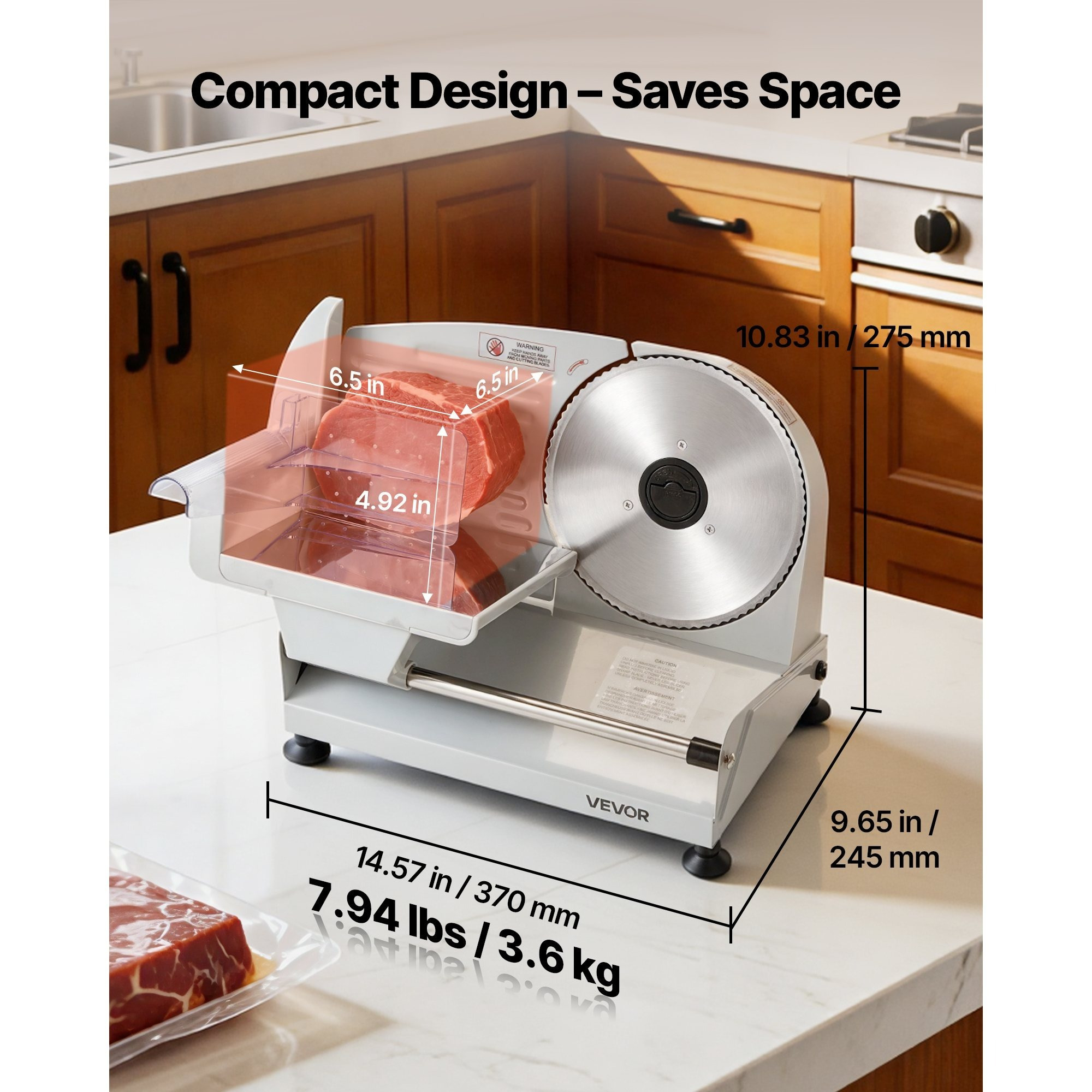 VEVOR Meat Slicer, 7.5" Electric Deli Slicer with SUS420 Blade & 0-0.6" Adjustable Thickness, 200W Home Food-Slicer for Frozen Meat, Ham, Baguett, Steak - Image 3
