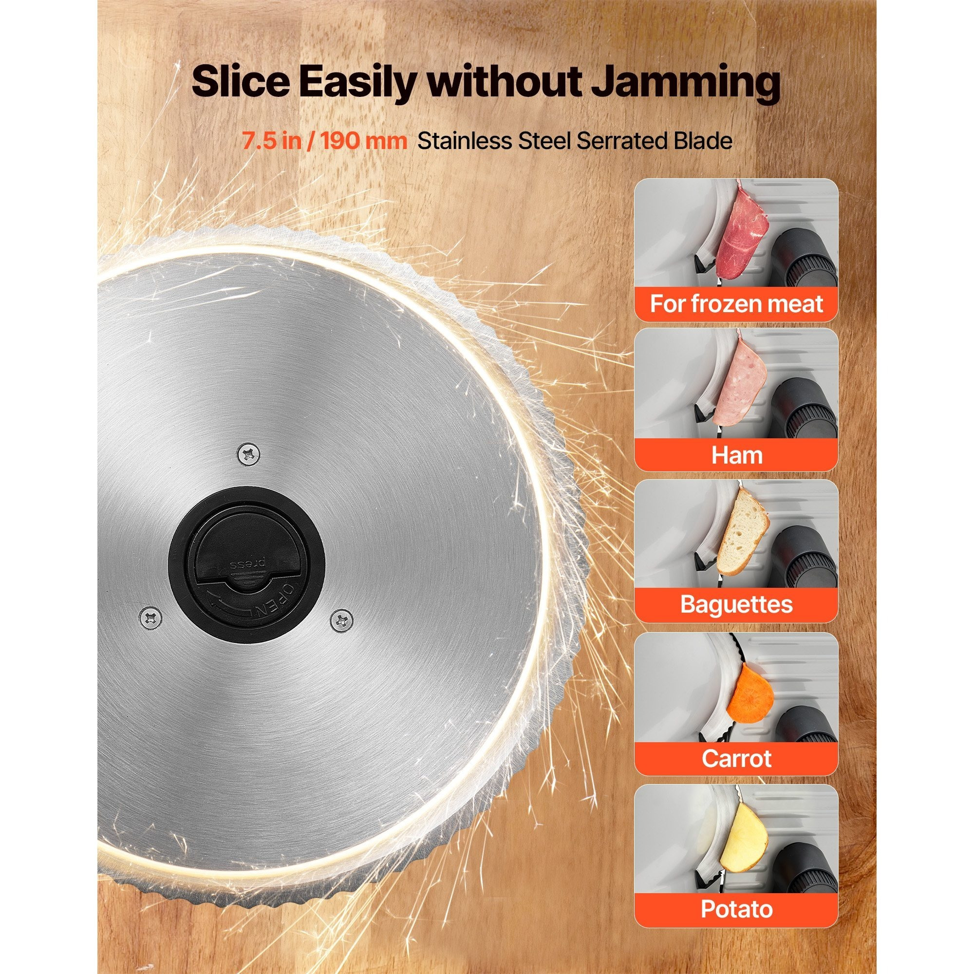 VEVOR Meat Slicer, 7.5" Electric Deli Slicer with SUS420 Blade & 0-0.6" Adjustable Thickness, 200W Home Food-Slicer for Frozen Meat, Ham, Baguett, Steak - Image 5