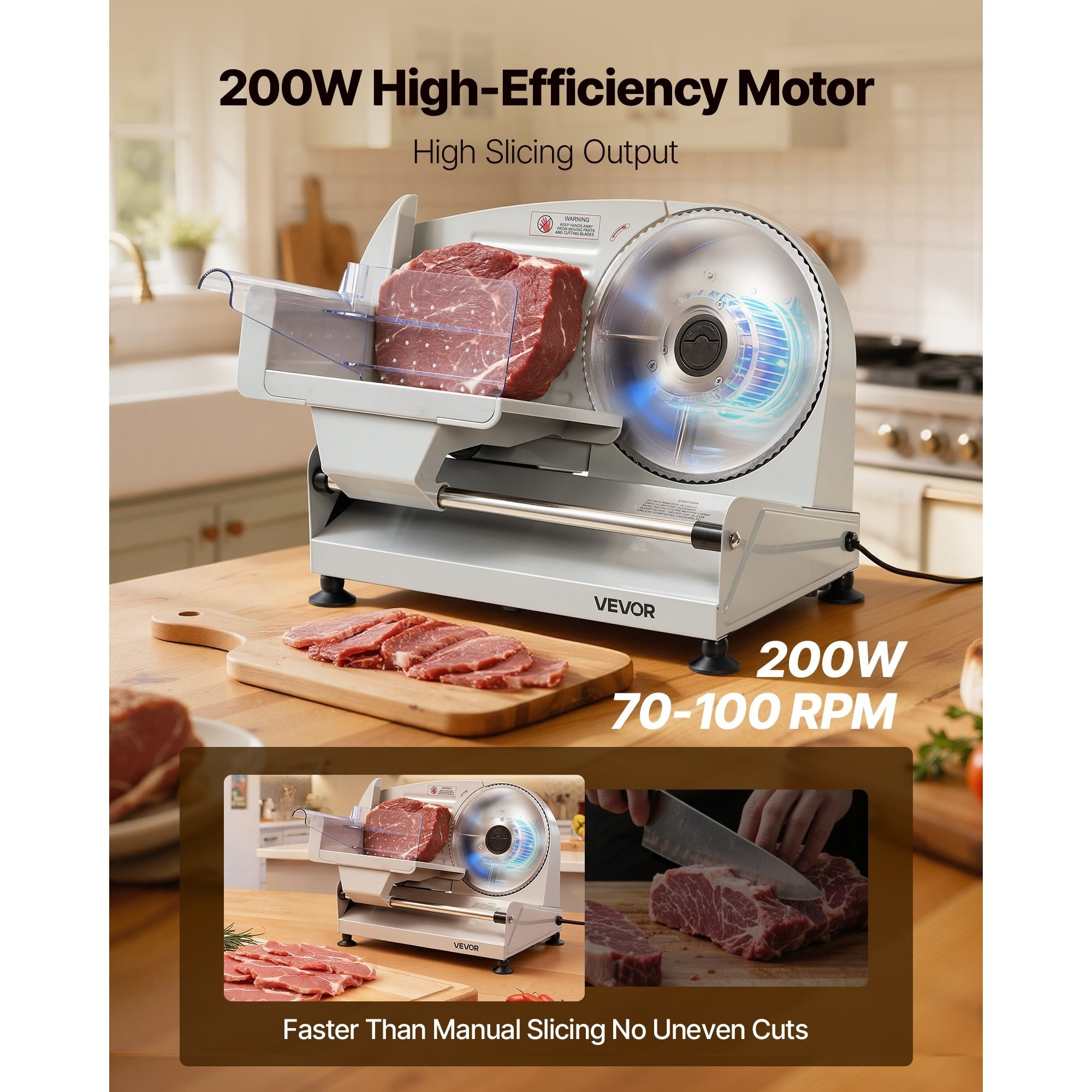 VEVOR Meat Slicer, 7.5" Electric Deli Slicer with SUS420 Blade & 0-0.6" Adjustable Thickness, 200W Home Food-Slicer for Frozen Meat, Ham, Baguett, Steak - Image 2