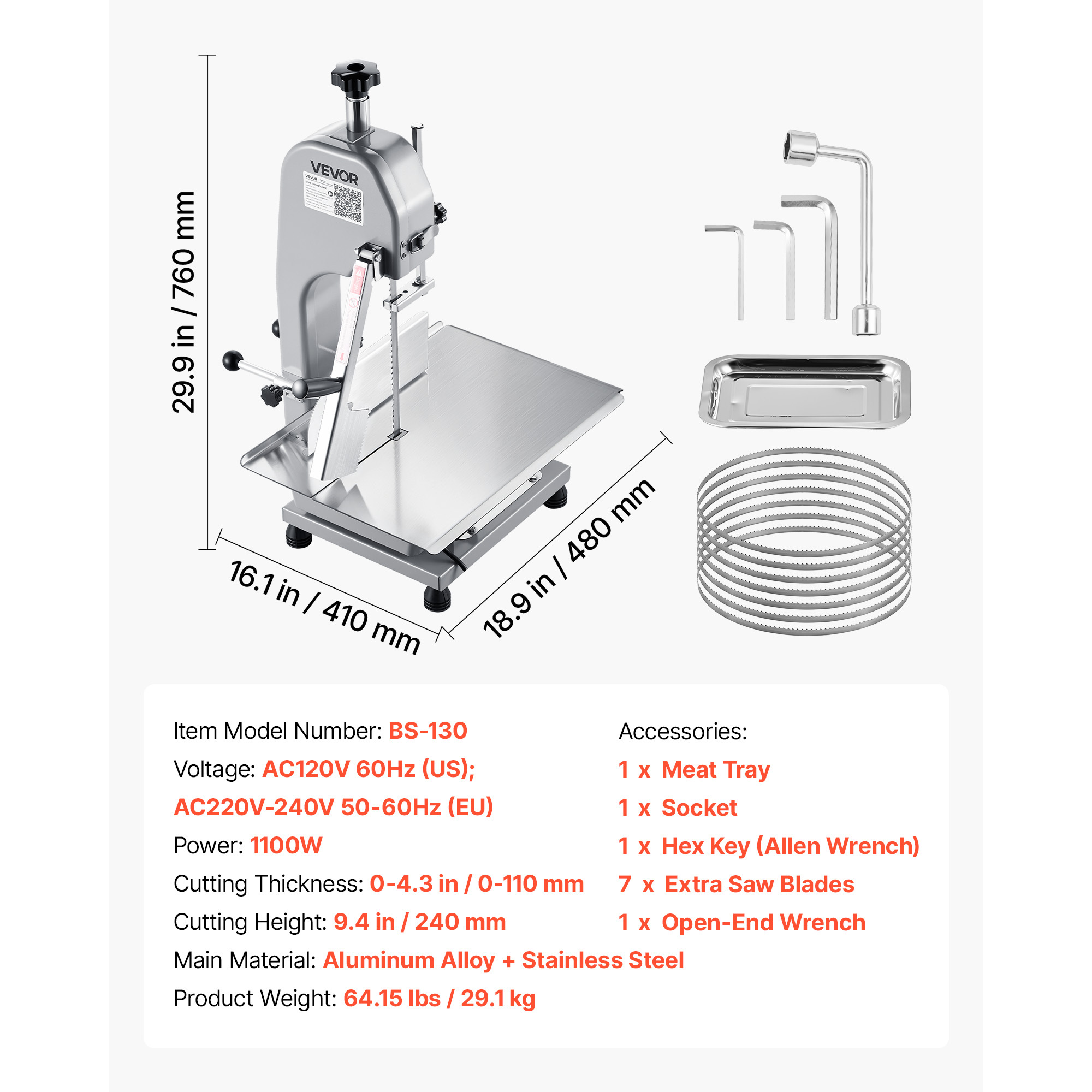VEVOR Commercial Electric Meat Bandsaw, 1100W Bone Sawing Machine with 12.4" x 18.1" Workbench, 0-4.3" Cutting Thickness, 7 Extra Replacement Blades, for Cutting Bone, Frozen Meat, Pork, Beef & Ribs - Image 3