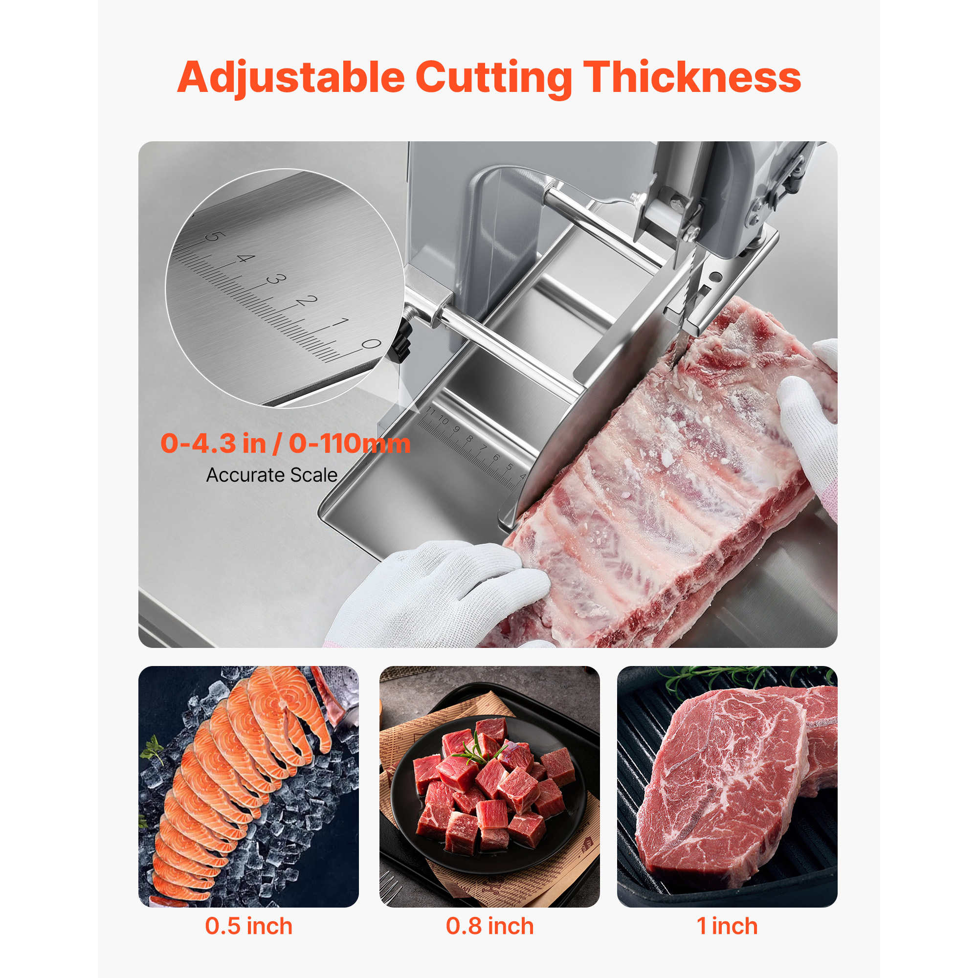 VEVOR Commercial Electric Meat Bandsaw, 1100W Bone Sawing Machine with 12.4" x 18.1" Workbench, 0-4.3" Cutting Thickness, 7 Extra Replacement Blades, for Cutting Bone, Frozen Meat, Pork, Beef & Ribs - Image 9
