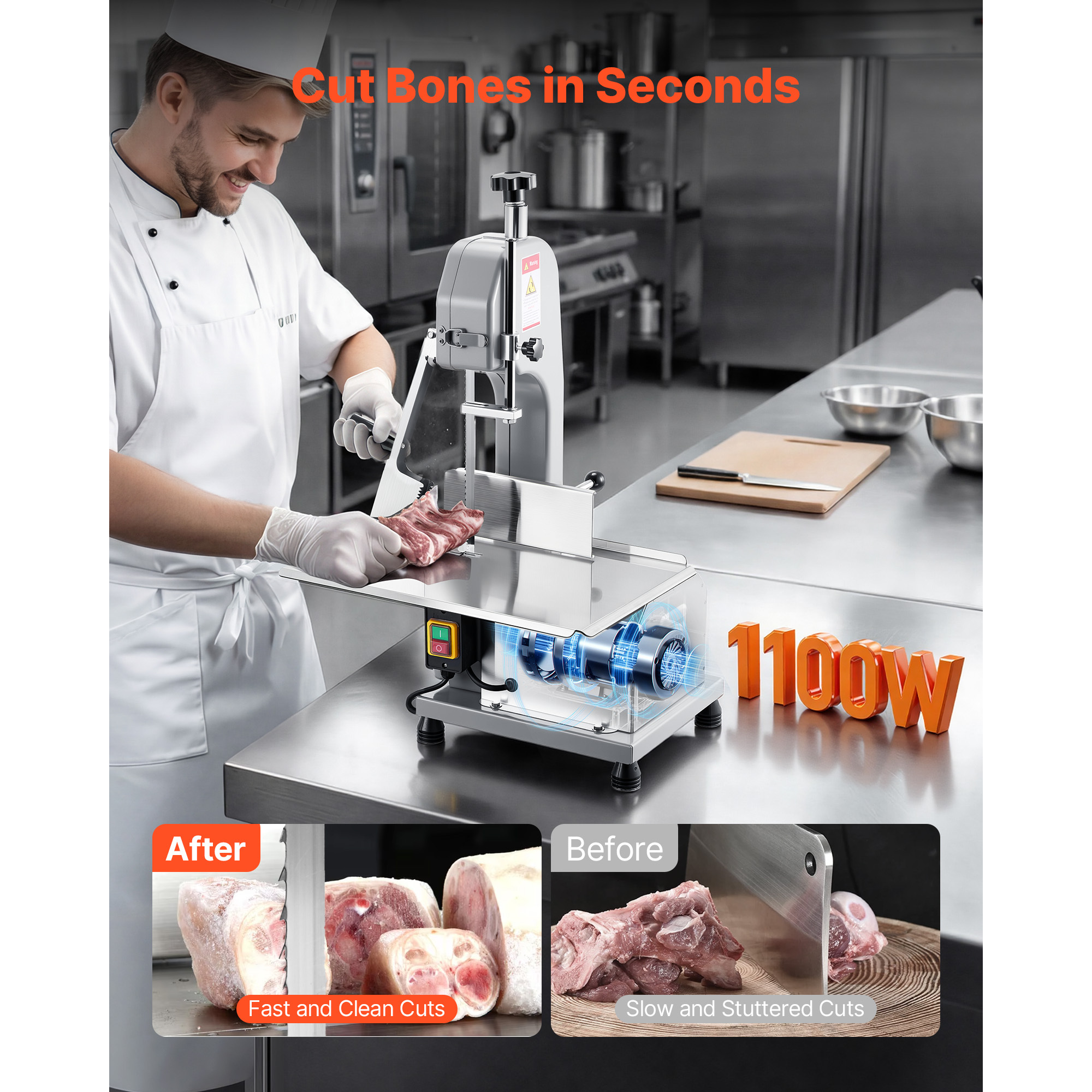 VEVOR Commercial Electric Meat Bandsaw, 1100W Bone Sawing Machine with 12.4" x 18.1" Workbench, 0-4.3" Cutting Thickness, 7 Extra Replacement Blades, for Cutting Bone, Frozen Meat, Pork, Beef & Ribs - Image 6