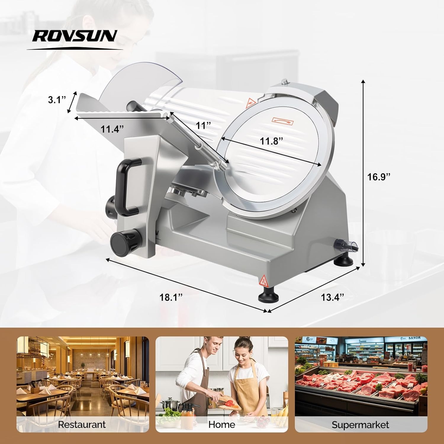 MEFEIR 8.7inch Commercial Meat Slicer, Electric Deli Food Slicer with Premium Chromium-plated Steel Blade, 0-12mm Adjustable Thickness, ETL Certified for Frozen Meat Ham Baguett Steak, Silver - Image 15