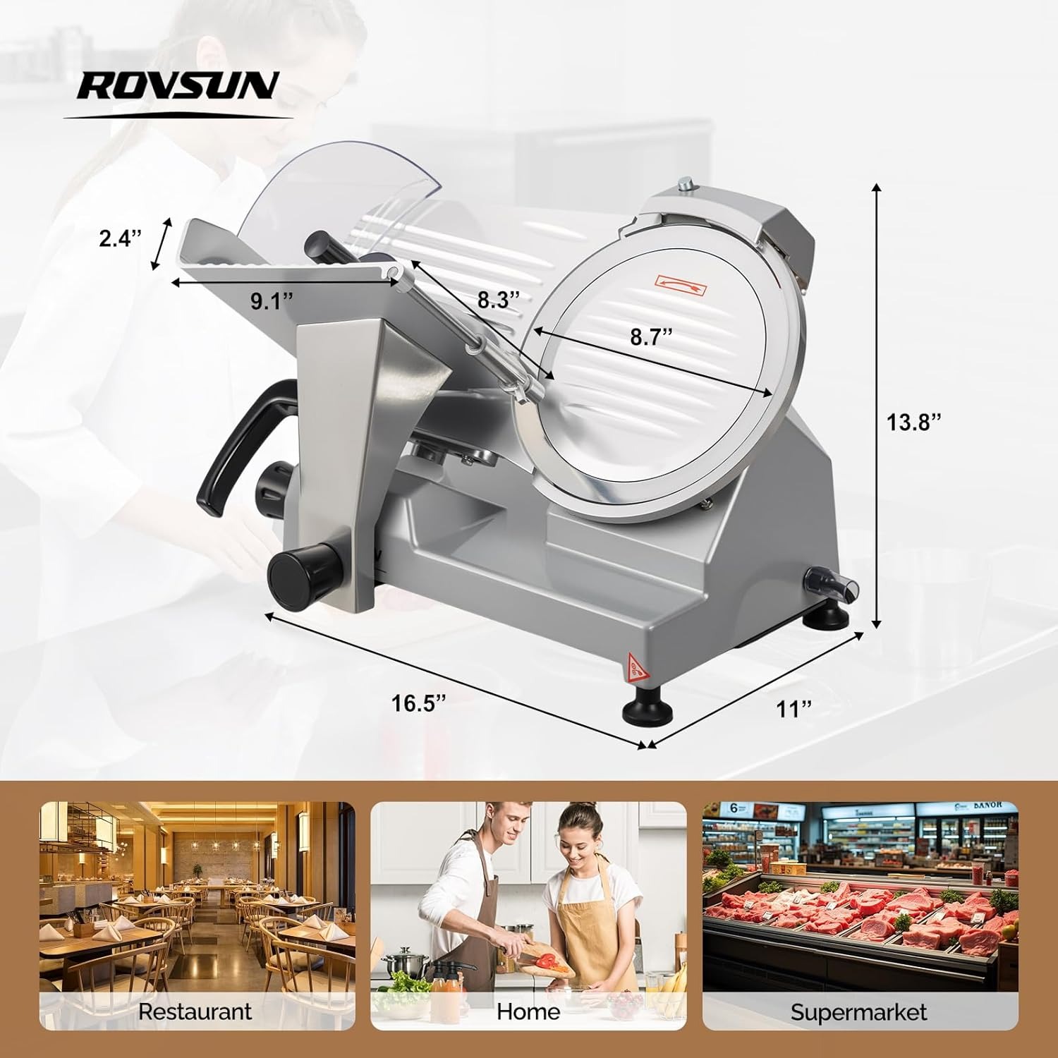 MEFEIR 8.7inch Commercial Meat Slicer, Electric Deli Food Slicer with Premium Chromium-plated Steel Blade, 0-12mm Adjustable Thickness, ETL Certified for Frozen Meat Ham Baguett Steak, Silver - Image 8