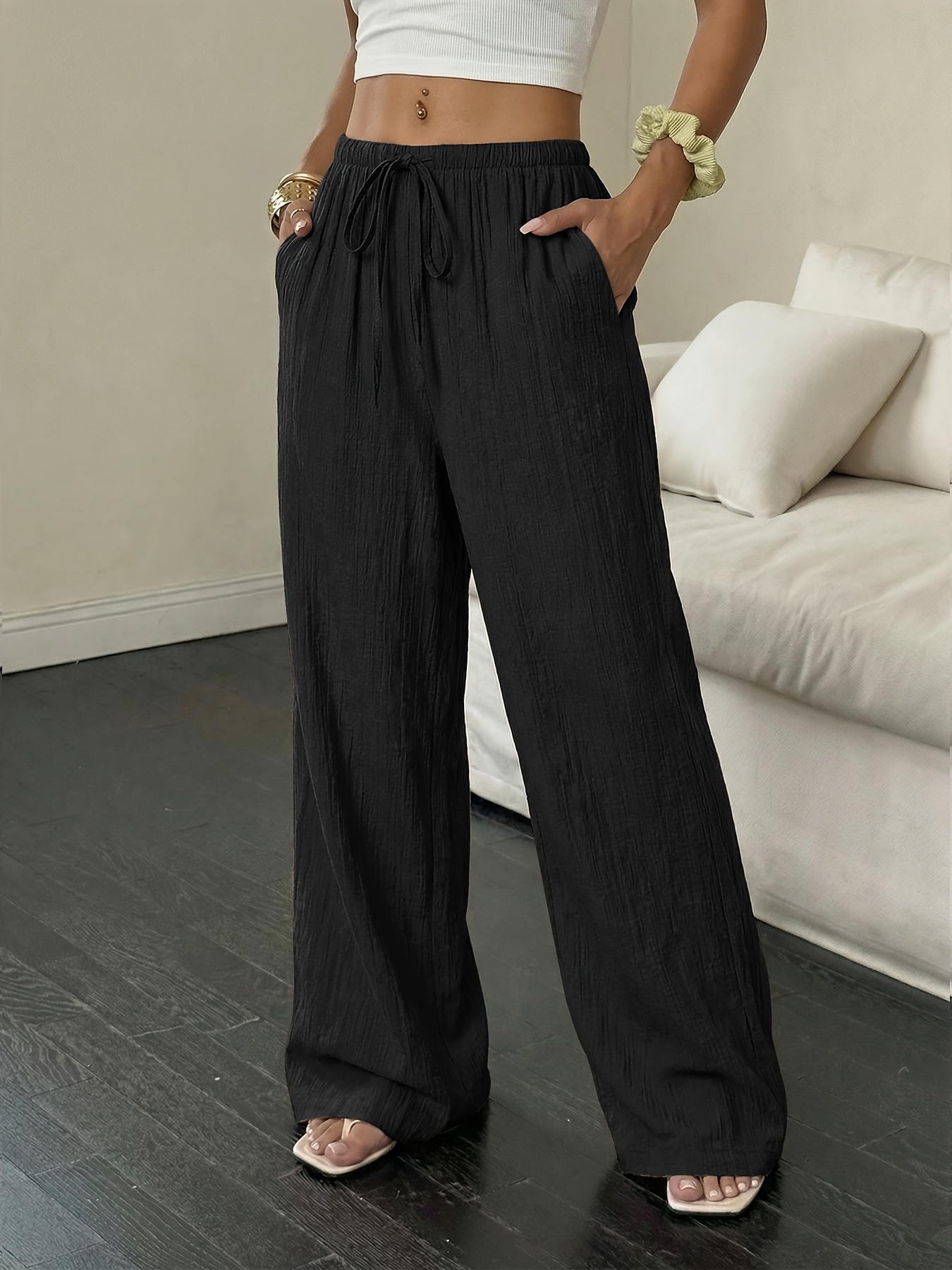 8408 Women'S Linen Palmir Pants Classic Summer Wide Leg Beach Pants with Pockets Casual Solid Color Soft Elastic High Waist Casual Pants Travel Vacation Bottoms Dating Brunch Home Work Streetwear Outer Wear - Image 5