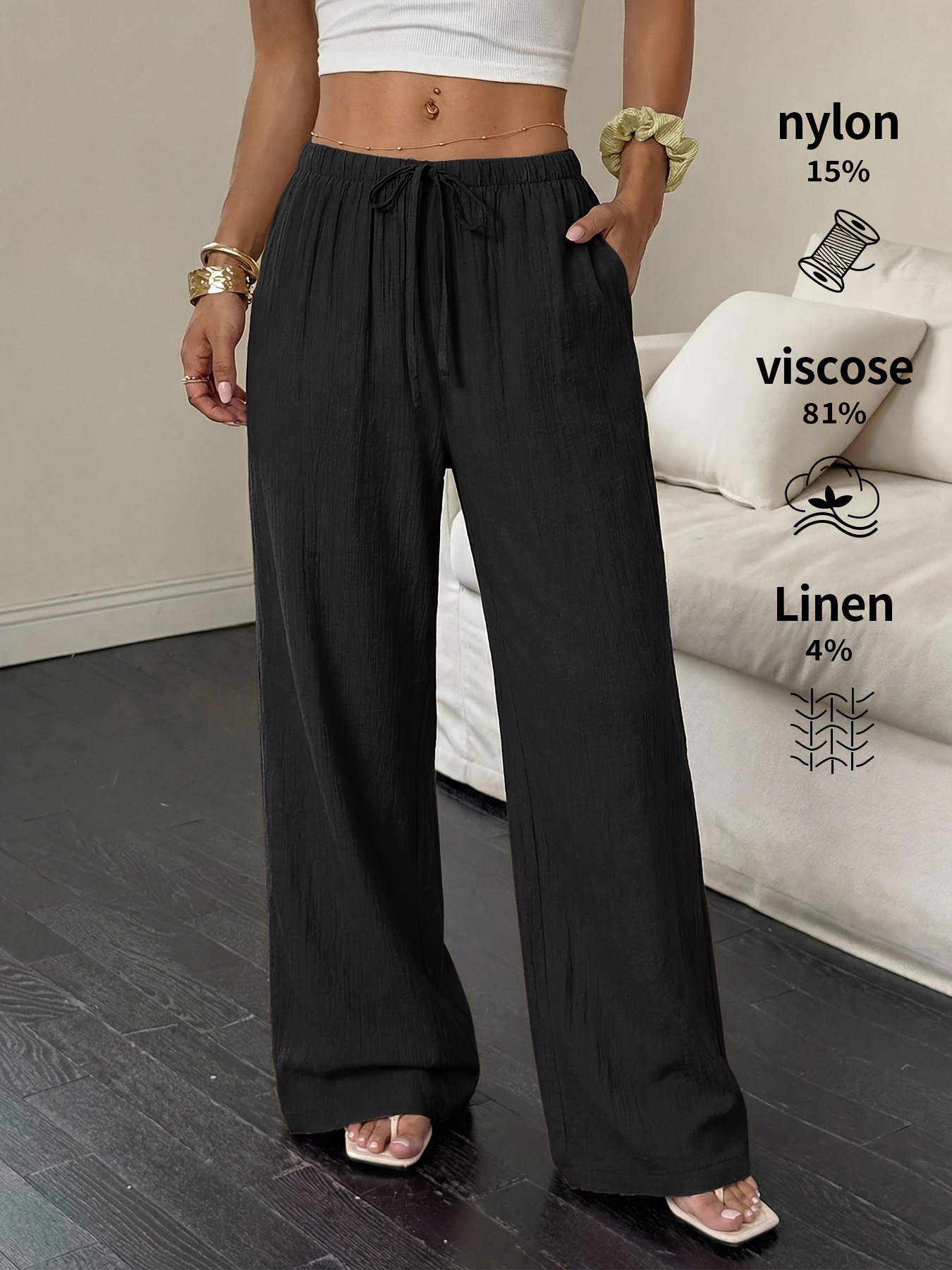 8408 Women'S Linen Palmir Pants Classic Summer Wide Leg Beach Pants with Pockets Casual Solid Color Soft Elastic High Waist Casual Pants Travel Vacation Bottoms Dating Brunch Home Work Streetwear Outer Wear - Image 2