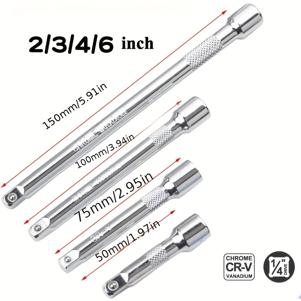 4pcs 1/4" Socket Extension Kit, Drive Socket Quarter Inch Wrench Ratchet Extension Bar Set, 2"/50mm, 3"/75mm, 4"/100mm, 6"/150mm, High-Quality CR-V Durable Material - Image 6