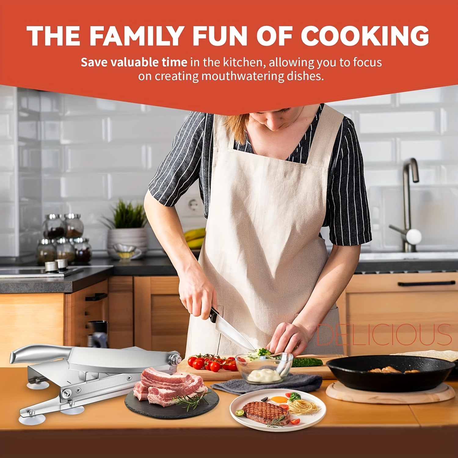 Easy Clean Stainless Steel Manual Meat Slicer and Bone Cutter - Non-Slip Base, Adjustable Blade, Rectangular Blade, Adjustable Thickness, Easily Cut Frozen Beef, Chops, Fruits and Vegetables - for Home Kitchens and Delis, Meat Grinder, Kitchen Gadget - Image 3