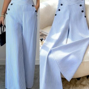 Women's Korean-Style High-Waist Wide-Leg Trousers - Blue & White Striped Straight-Leg Pants with Button Pocket Design, Loose Fit Suitable for Commuting, Casual, Formal Wear, All-Season Machine Washable Elegant Pants