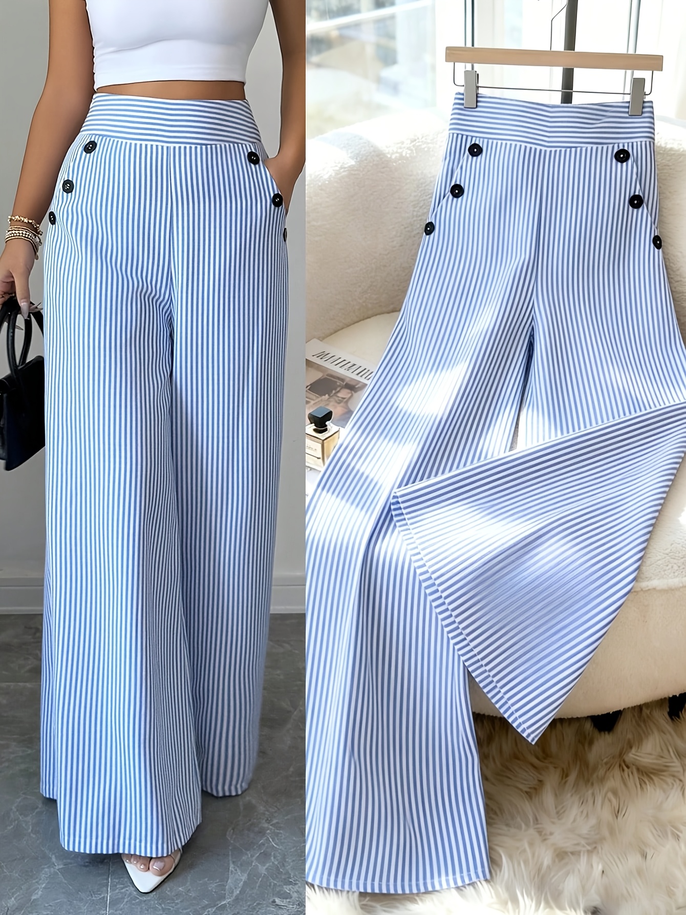 Women's Korean-Style High-Waist Wide-Leg Trousers - Blue & White Striped Straight-Leg Pants with Button Pocket Design, Loose Fit Suitable for Commuting, Casual, Formal Wear, All-Season Machine Washable Elegant Pants