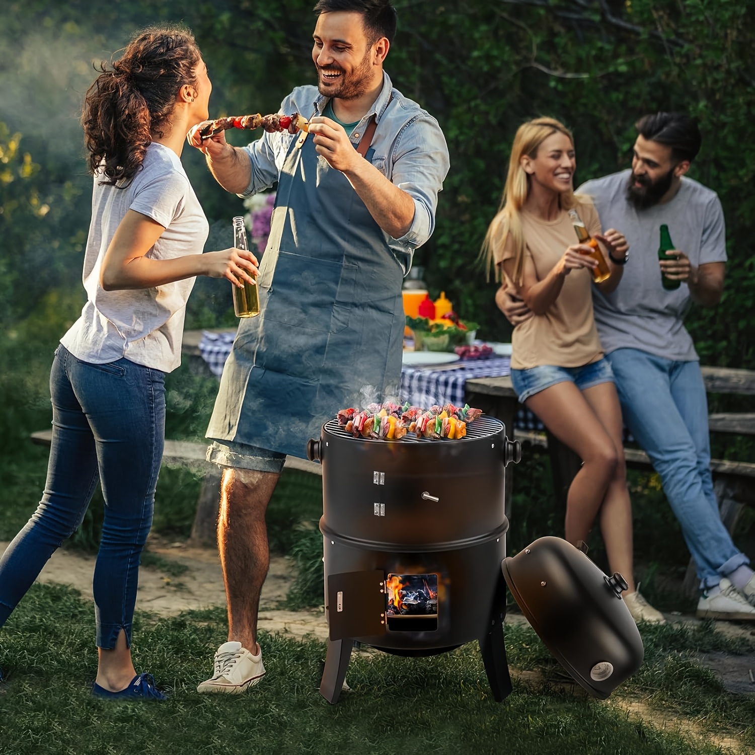 Vertical Charcoal Smoker Grill - 17-Inch 3-Tiers, Portable Zinc Alloy BBQ Grill with Temperature Control, 3 Cooking Levels & Griddle Top, Includes Handles Grates & Tongs, for Camping Backyard Outdoor Cooking, Compact Design, Durable Construction - Image 3