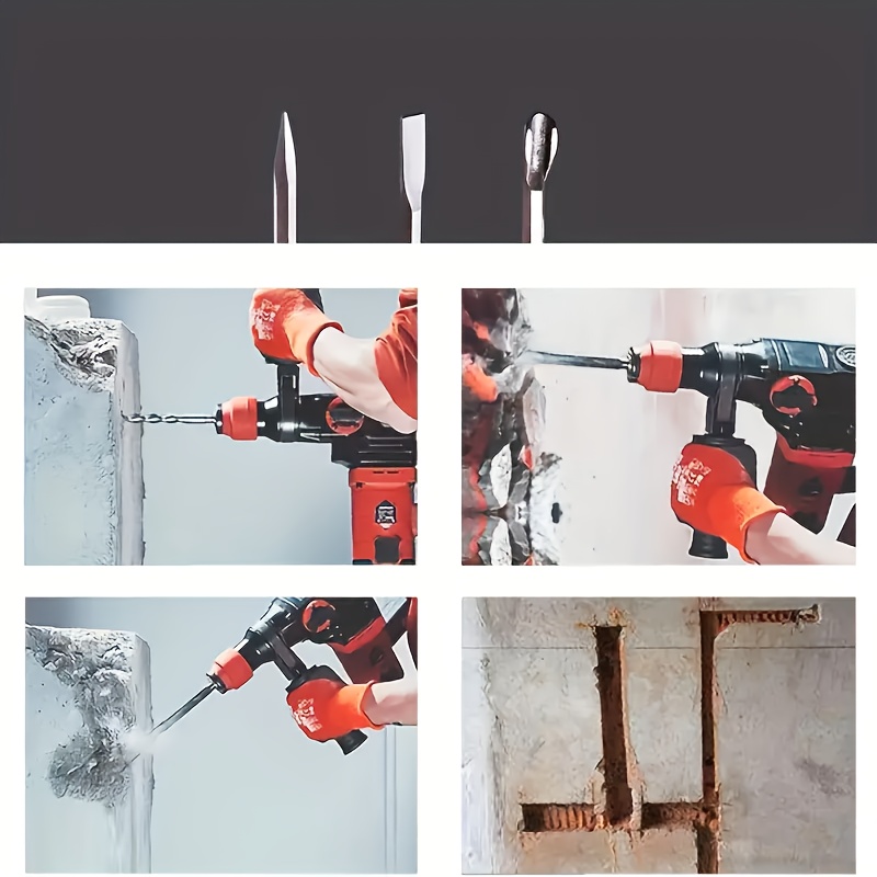 110V Heavy Duty Electric Hammer Drill Wired Electric Drill Industrial Grade Wall Removal Tool, Multi-Function Electric Hammer Impact Drill Rotary Hammer Drill for Concrete - Including Drill Chuck, Drill Bit, Flat Chisel, Pointed Chisel - Image 8