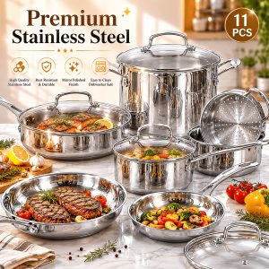 11pcs Stainless Steel Pots And Pans Set, Non-Toxic Kitchen Cookware Set with Glass Lids, Induction Compatible Cooking Set, Aluminum Core Fast Even Heating, Cool Touch Handles, Dishwasher Safe for Daily Cooking, Family Kitchen Essentials