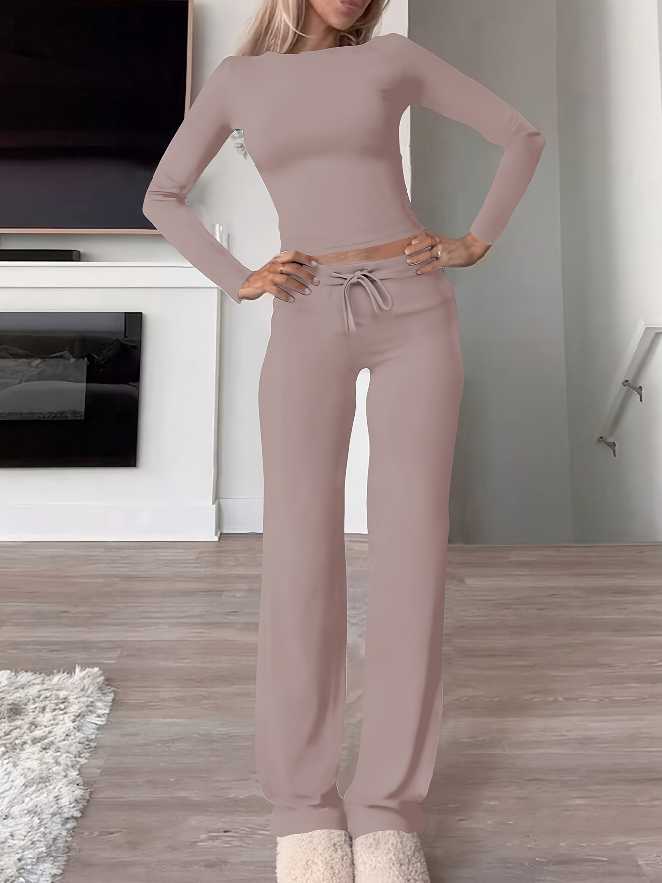 Kardashian-Inspired Modal Long Sleeve Ribbed Drawstring Home Wear Set - Image 4