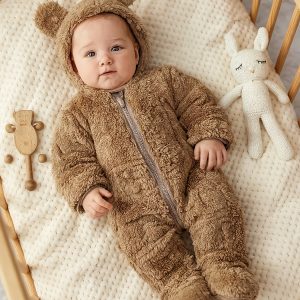 Newborn Baby Boy Cute Cartoon Print Fleece Hooded Footie Romper, Suitable for Autumn Winter Season, Indoor And Outdoor Wear, for Outdoor