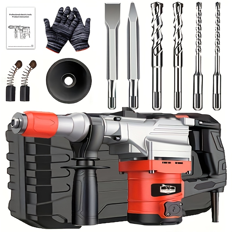 110V Heavy Duty Electric Hammer Drill Wired Electric Drill Industrial Grade Wall Removal Tool, Multi-Function Electric Hammer Impact Drill Rotary Hammer Drill for Concrete - Including Drill Chuck, Drill Bit, Flat Chisel, Pointed Chisel - Image 9