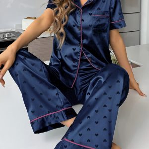 2026 Women'S Navy Blue Satin Pajama Set with Heart Pattern - Short Sleeve, Button-Up, Wide-Leg Lounge Wear, All-Season Comfort, Casual Sleepwear|Elegant Sleepwear|Polyester Fabric Game Day Pajamas, Football Fan Gear, Perfect for All Fans on Match Day