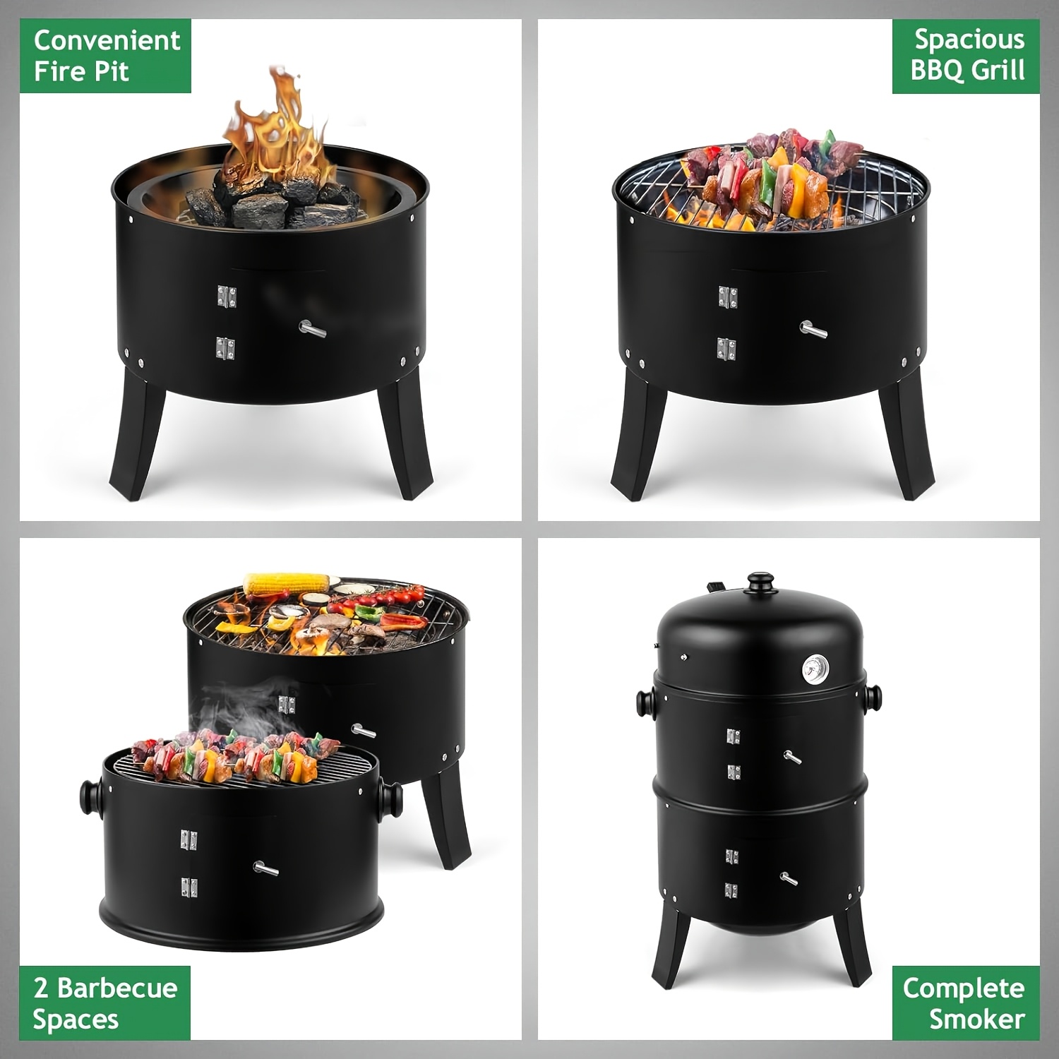 Vertical Charcoal Smoker Grill - 17-Inch 3-Tiers, Portable Zinc Alloy BBQ Grill with Temperature Control, 3 Cooking Levels & Griddle Top, Includes Handles Grates & Tongs, for Camping Backyard Outdoor Cooking, Compact Design, Durable Construction - Image 8