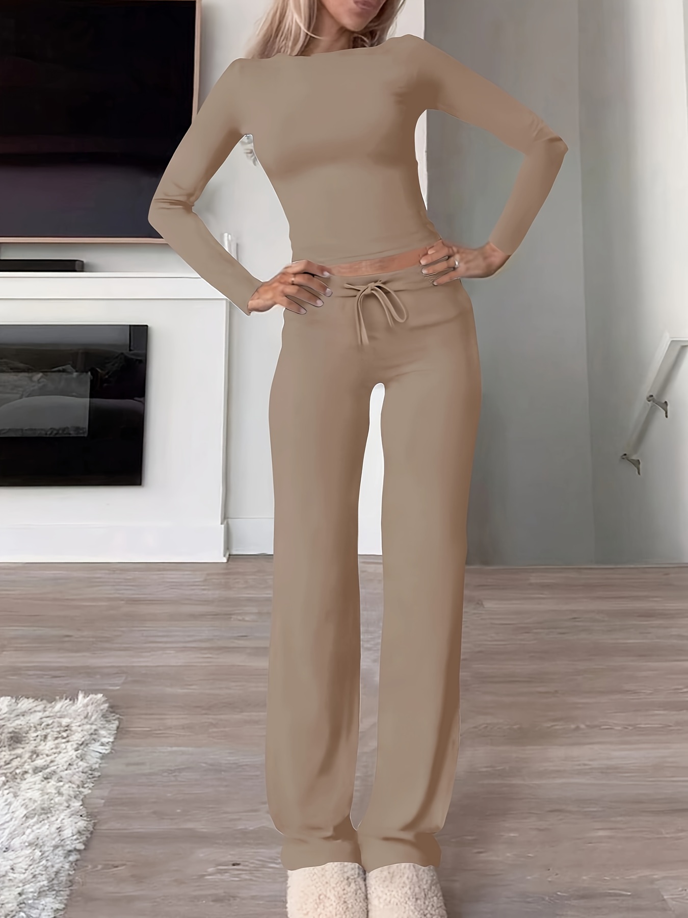 Kardashian-Inspired Modal Long Sleeve Ribbed Drawstring Home Wear Set - Image 2