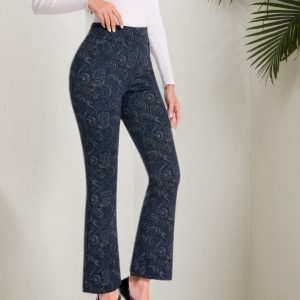Women Pull On Waistband Bootcut Dress Pants With During Print Ponte Fashion Patten Flare Leg Pant
