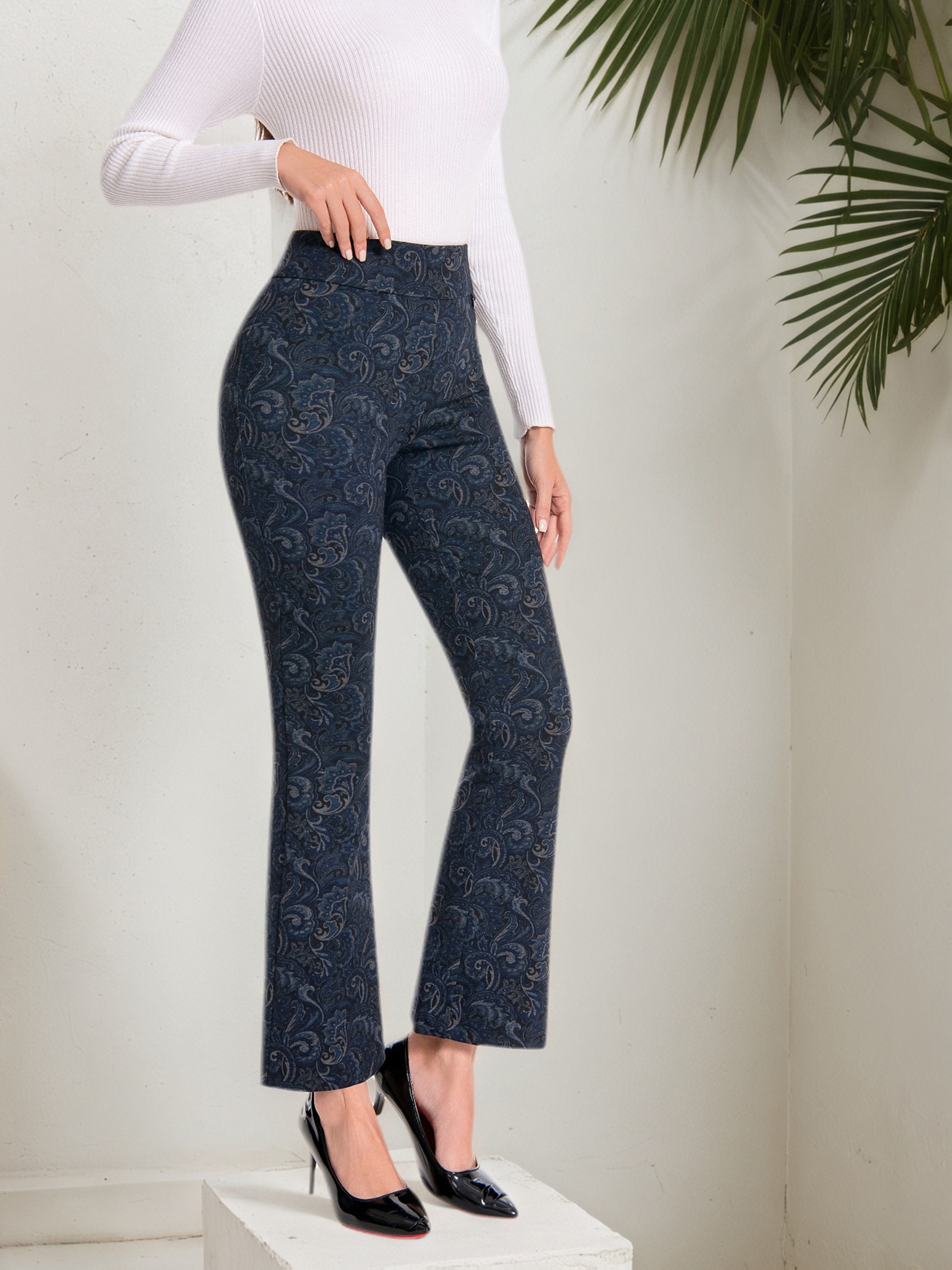 Women Pull On Waistband Bootcut Dress Pants With During Print Ponte Fashion Patten Flare Leg Pant