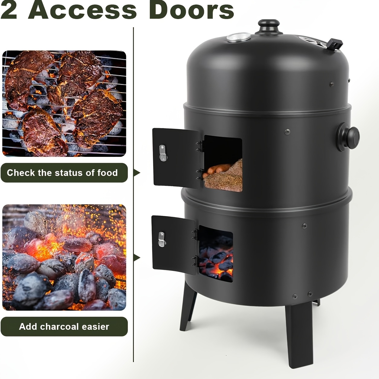 Vertical Charcoal Smoker Grill - 17-Inch 3-Tiers, Portable Zinc Alloy BBQ Grill with Temperature Control, 3 Cooking Levels & Griddle Top, Includes Handles Grates & Tongs, for Camping Backyard Outdoor Cooking, Compact Design, Durable Construction - Image 7