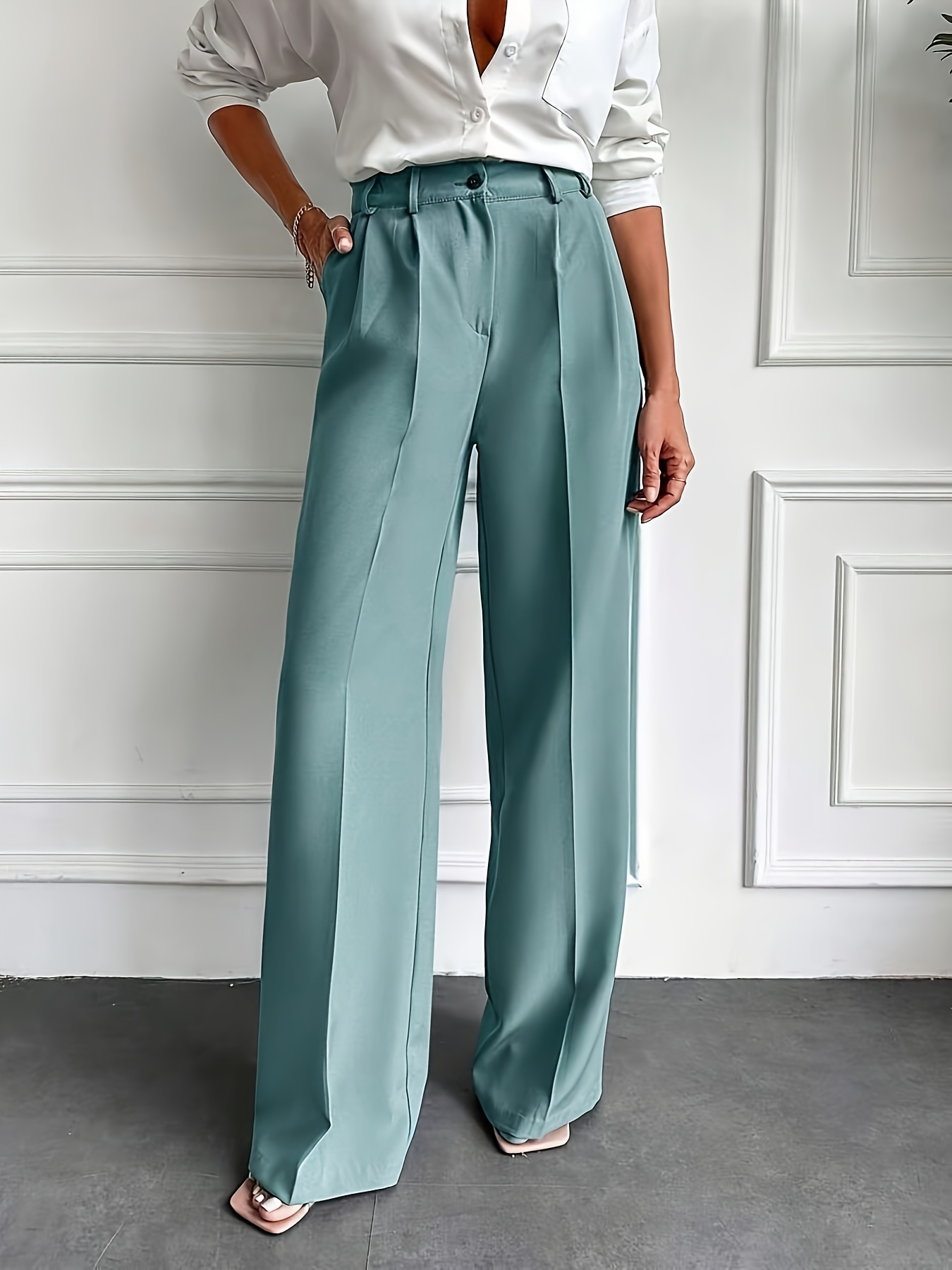Women's Elegant Wide-Leg Dress Pants with Slant Pocket - Solid Color Suit Trousers, Machine Washable Blazer-Compatible for, Office & Semi-Formal Wear | Year-Round Professional Attire (No Stretch)