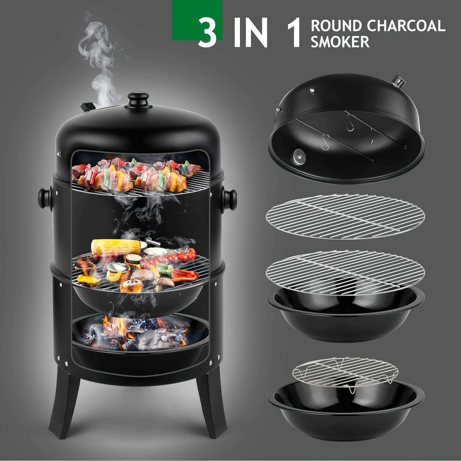 Vertical Charcoal Smoker Grill - 17-Inch 3-Tiers, Portable Zinc Alloy BBQ Grill with Temperature Control, 3 Cooking Levels & Griddle Top, Includes Handles Grates & Tongs, for Camping Backyard Outdoor Cooking, Compact Design, Durable Construction - Image 6