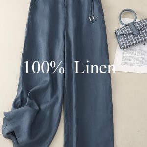 1pc of 100% Pure Linen Women's Wide-leg Pants, Elastic Belt Drawstring Loose Design, Breathable Sagging Design, Suitable for Summer Commuting