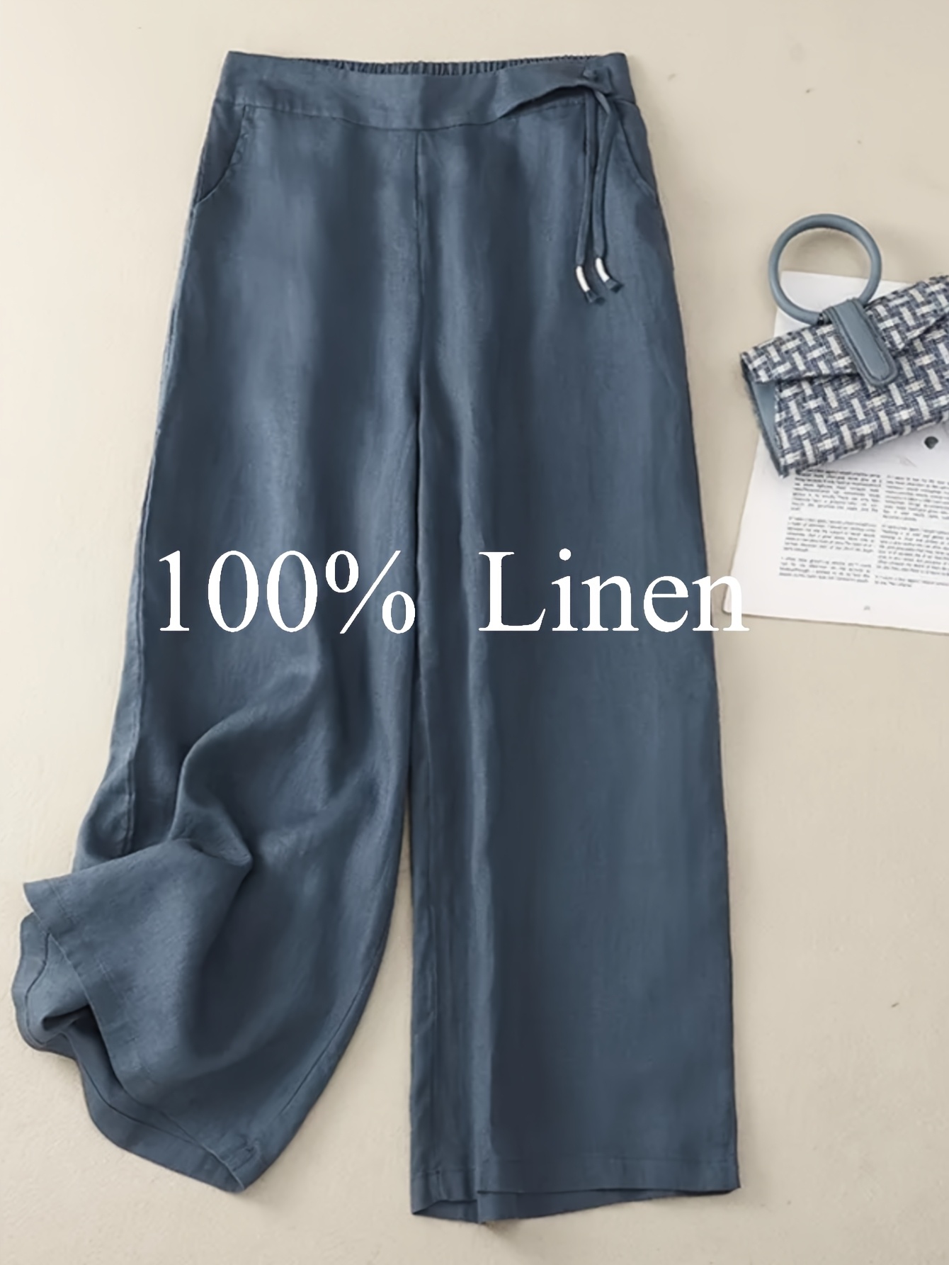 1pc of 100% Pure Linen Women's Wide-leg Pants, Elastic Belt Drawstring Loose Design, Breathable Sagging Design, Suitable for Summer Commuting