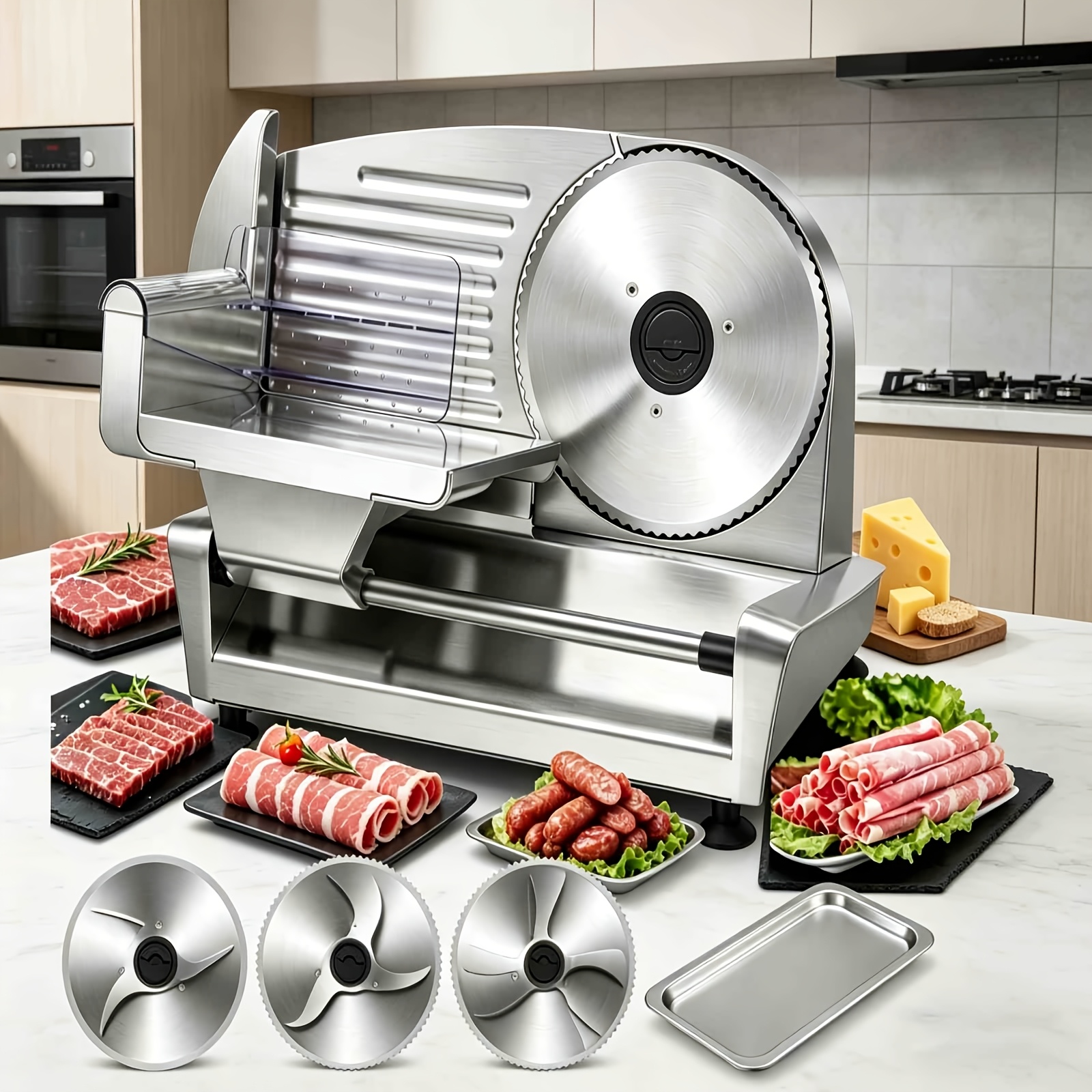 250W Electric Food Slicer For Home, Stainless Steel Meat Cutter With 3 Blades & 0-15mm Adjustable Thickness - Perfect For Deli Meat, Bread, Cheese, Fruit & Vegetable