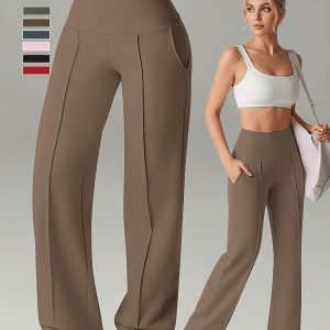 Women'S Leggings, 1pc Straight Wide-Leg Pants, Athletic Quick-Dry Yoga Pants with Pockets, Commuter-Friendly Yoga Trousers, Stretch Athletic Pants High-Waist Leggings, Slight Flared Skinny Pants