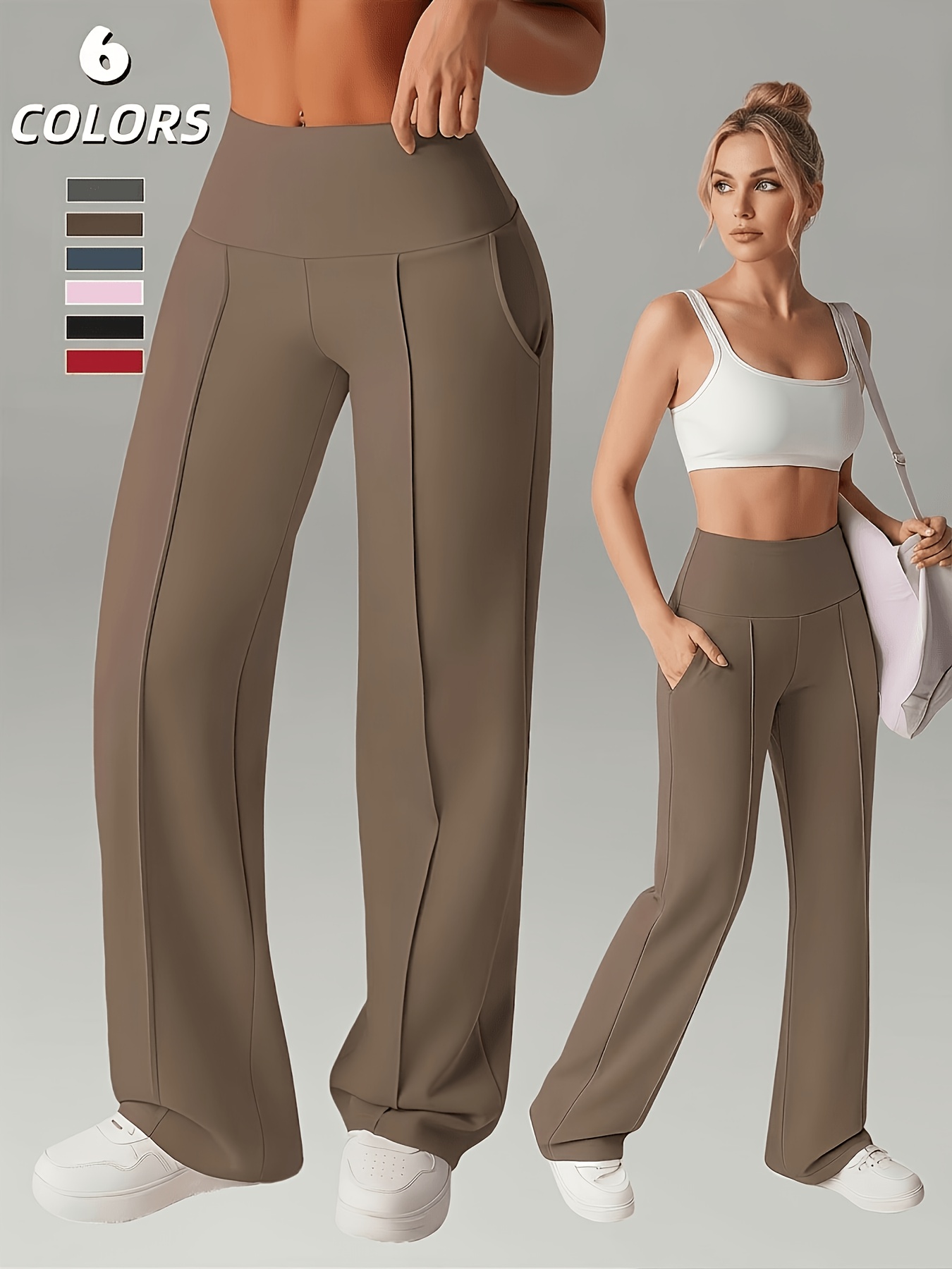 Women'S Leggings, 1pc Straight Wide-Leg Pants, Athletic Quick-Dry Yoga Pants with Pockets, Commuter-Friendly Yoga Trousers, Stretch Athletic Pants High-Waist Leggings, Slight Flared Skinny Pants