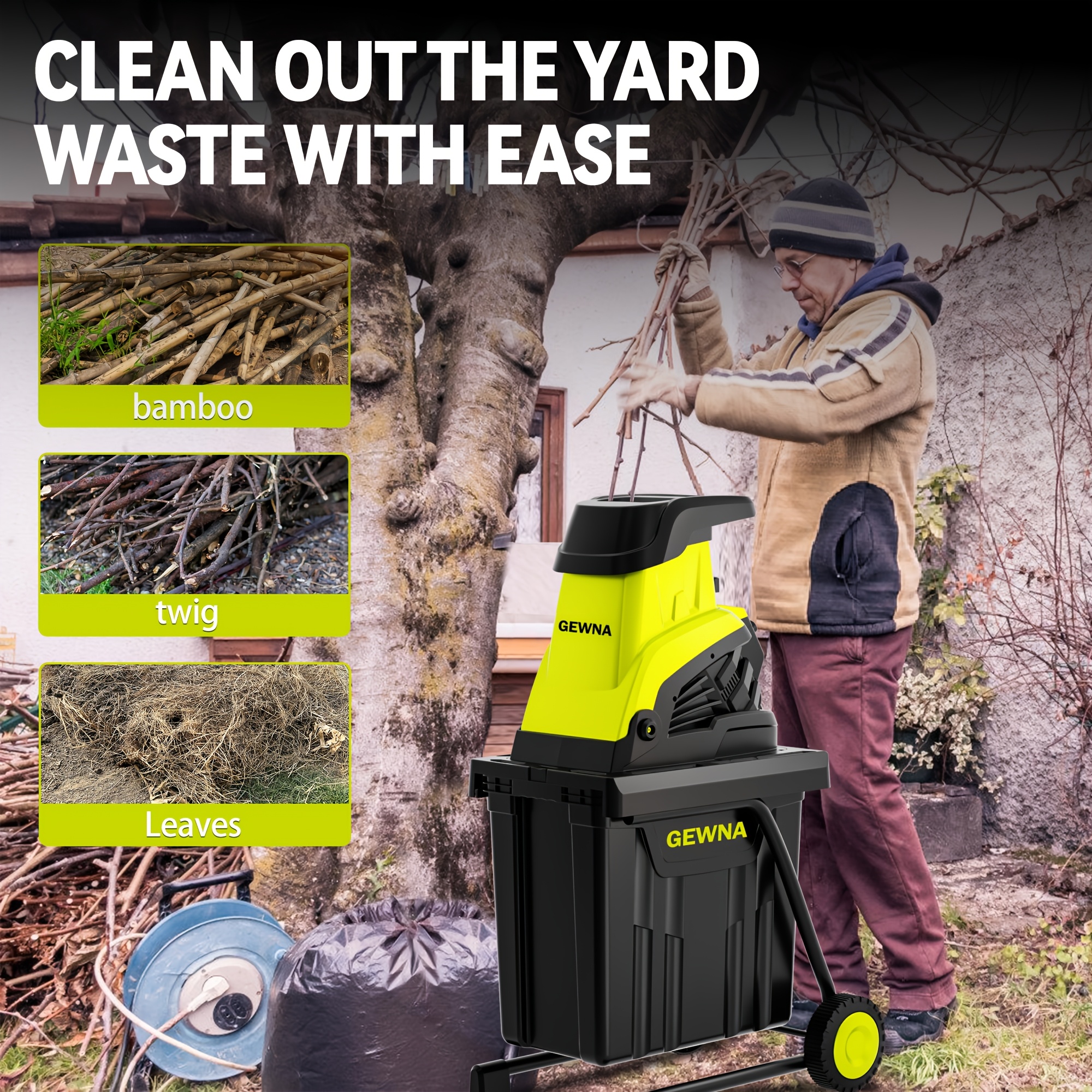 Wood Chipper, 1800W High Power Garden Branch Shredder, 15-Amp Electric Brushless Wood Chipper, Garden Tools With 10 Gallon Collecting Bin, Easy To Clean For Branches, Leaves And Yard Cleanup, Fathers Day Gift - Image 3