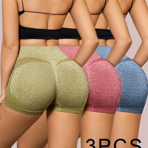 3pcs Women's High-Waisted Tummy Control and Butt-Lifting Yoga Shorts, High-Stretch Fabric, Breathable, Comfortable, and Form-Fitting, Color-Block Design, Mixed Color Set, Suitable for All Seasons