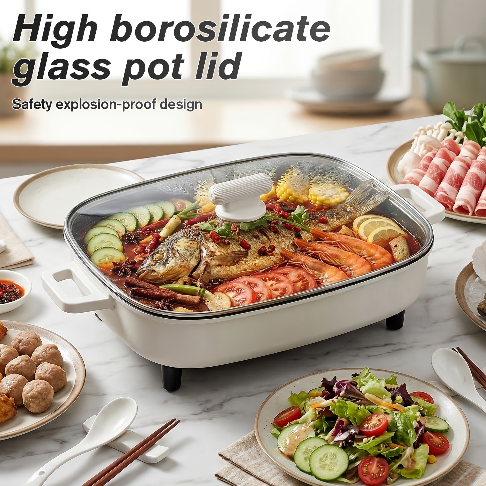Non-stick Multifunctional Electric Cooking Pot with Aluminum Alloy Inner Pot, Glass Lid And Knob Thermostat. All-in-one for Frying, Grilling, Braising, Stewing And Hot Pot, Serves 2-6 People. Ideal for Home, Parties, Camping And Holiday Gifts. - Image 8