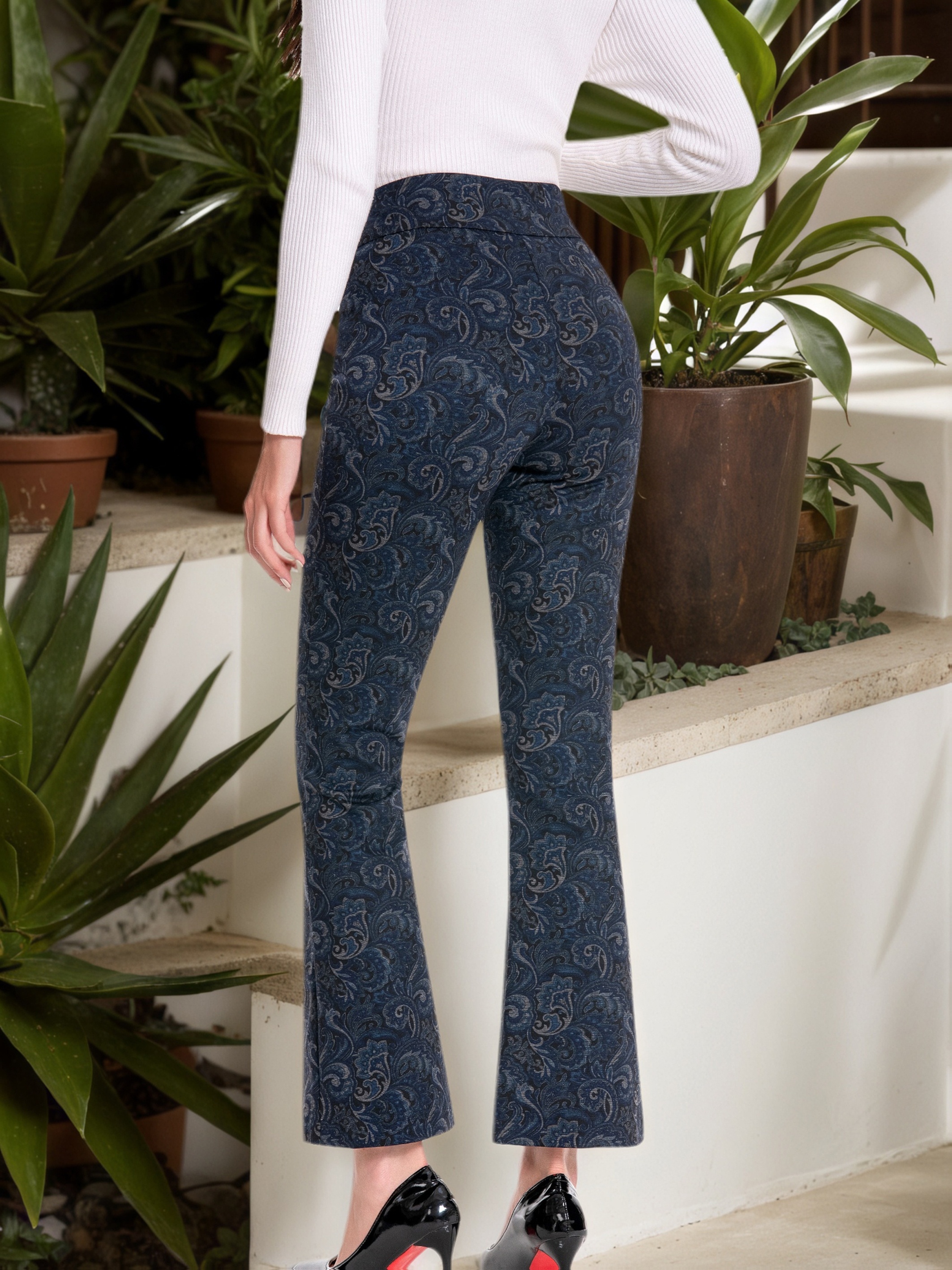 Women Pull On Waistband Bootcut Dress Pants With During Print Ponte Fashion Patten Flare Leg Pant - Image 9