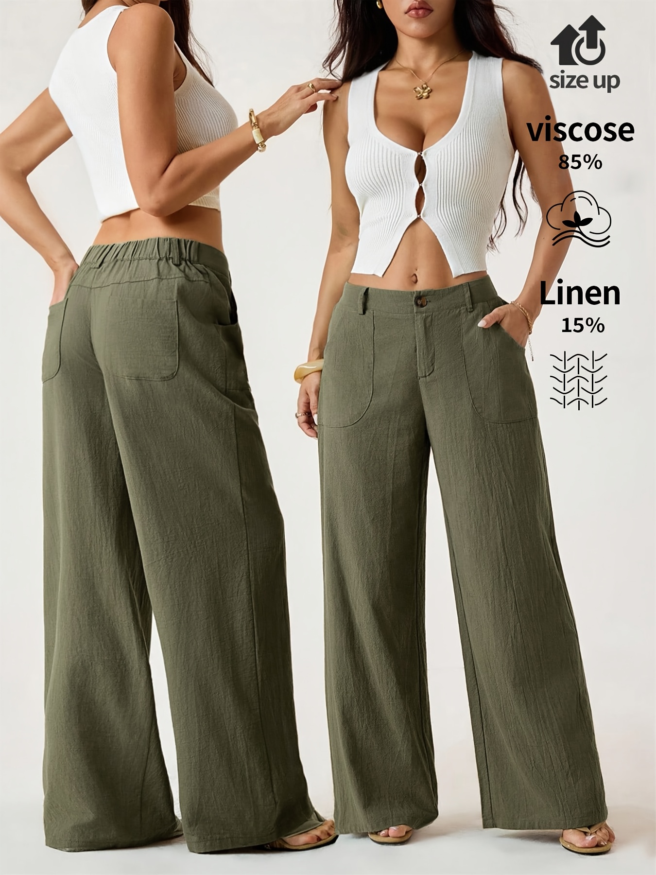 High Waist Linen Straight Leg Pants, Women's Summer Airy Wide Leg Trousers with Elastic Back & Big Pockets, Work Casual - Image 6