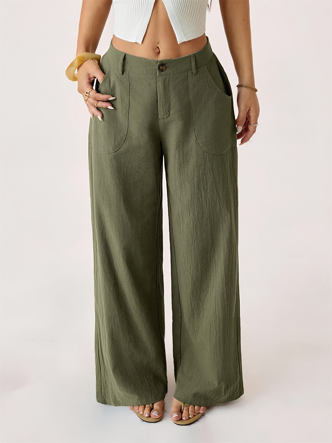 High Waist Linen Straight Leg Pants, Women's Summer Airy Wide Leg Trousers with Elastic Back & Big Pockets, Work Casual - Image 10