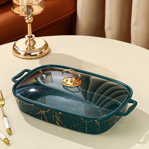 Nordic Golden Pattern Rectangular Ceramic Soup Pot with Lid And Double Ears Dry Pot Large Medium Small Green