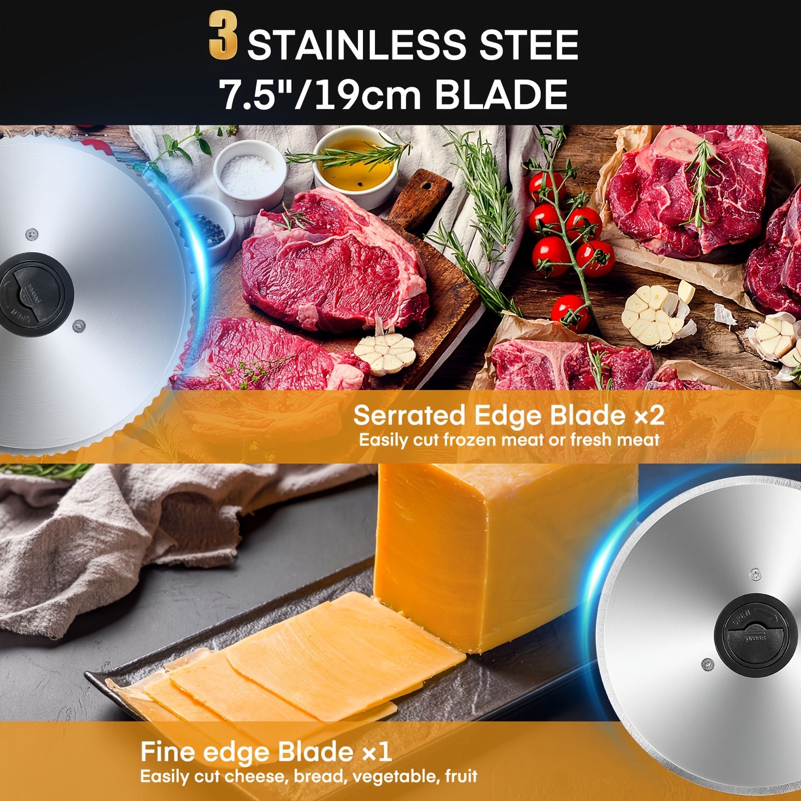 250W Electric Food Slicer For Home, Stainless Steel Meat Cutter With 3 Blades & 0-15mm Adjustable Thickness - Perfect For Deli Meat, Bread, Cheese, Fruit & Vegetable - Image 6