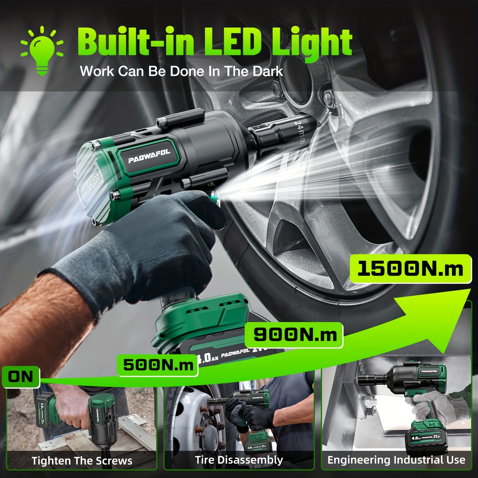 Cordless Impact Wrench | 21V Brushless 1500Nm High Torque (1/2" Drive + 2*4.0AH Batteries + Fast Charger) | for Home Users/Auto Mechanics Car/Truck Tire Removal & Installation | with 5 Sockets + Carry Case Durable & Portable - Image 10