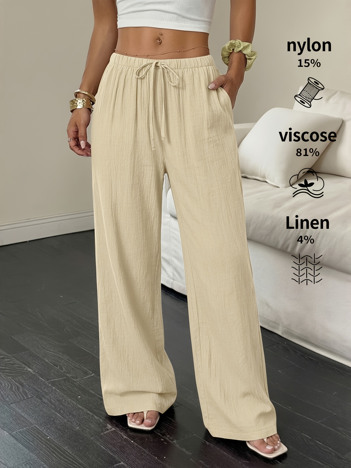 8408 Women'S Linen Palmir Pants Classic Summer Wide Leg Beach Pants with Pockets Casual Solid Color Soft Elastic High Waist Casual Pants Travel Vacation Bottoms Dating Brunch Home Work Streetwear Outer Wear - Image 4