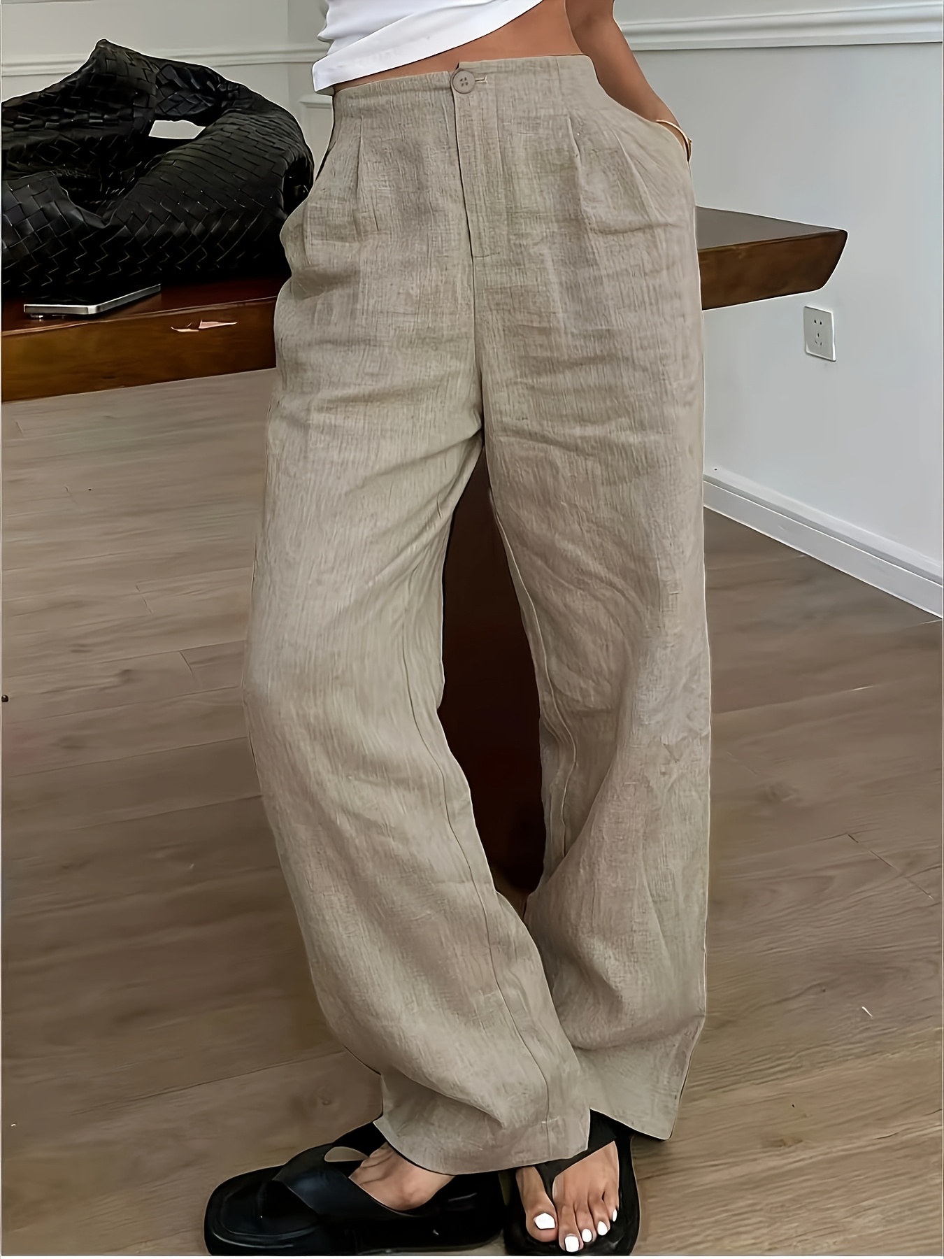 2026 Spring/Summer New Vacation Style Women's High-Waisted Pants / Business Casual Vacation Wide-Leg Pants, Loose Fit Summer New Linen LL168 - Image 3