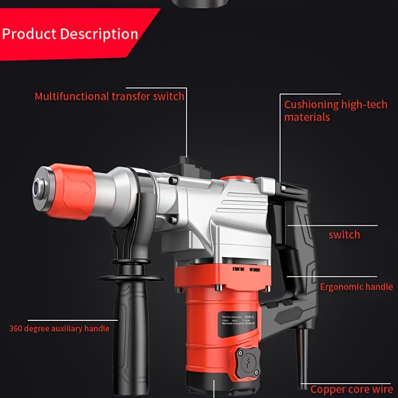 110V Heavy Duty Electric Hammer Drill Wired Electric Drill Industrial Grade Wall Removal Tool, Multi-Function Electric Hammer Impact Drill Rotary Hammer Drill for Concrete - Including Drill Chuck, Drill Bit, Flat Chisel, Pointed Chisel - Image 3