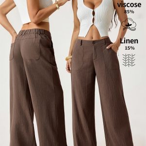 [Linen Included] 2026 Spring Summer Haute Couture Drapey Wide-Leg Pants, Women'S Classic Linen Palazzos, Summer Flowy Wide-Leg Beach Trousers with Pockets