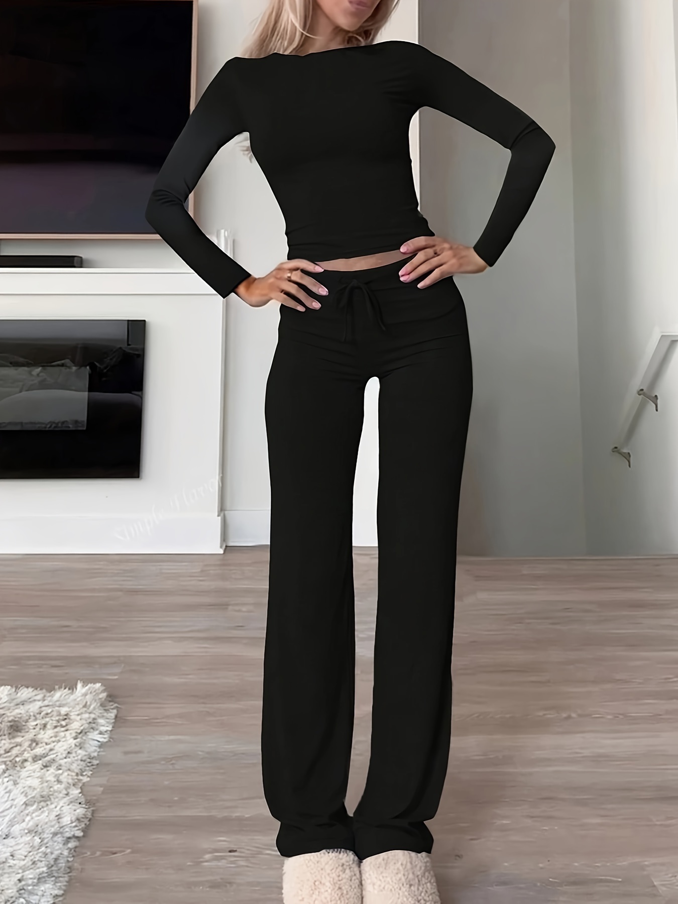 Kardashian-Inspired Modal Long Sleeve Ribbed Drawstring Home Wear Set - Image 5